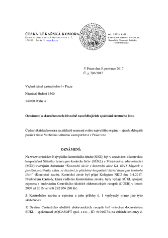 Oznámení o skutečnostech důvodně nasvědčujících spáchání trestného činu (e-recepty)