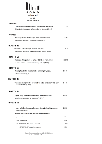 SONO Týdenní menu 06.11. – 10.11.2017