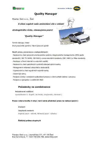 Fibertec Steti s.r.o.  Quality Manager  2017.08.15